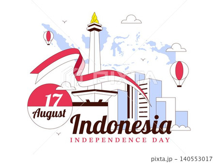 Indonesia Independence Day Illustration Featuring National Monuments, Red and White Flag, Patriotic Celebration, and 17 August Commemoration 140553017