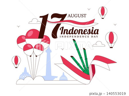 Indonesia Independence Day Illustration Featuring National Monuments, Red and White Flag, Patriotic Celebration, and 17 August Commemoration 140553019