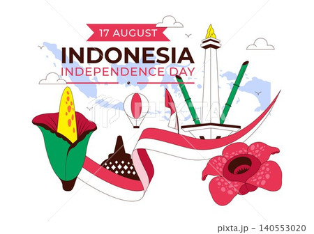 Indonesia Independence Day Illustration Featuring National Monuments, Red and White Flag, Patriotic Celebration, and 17 August Commemoration Indonesia Independence Day Illustration Featuring National Monuments, Red and White Flag, Patriotic Celebration, and 17 August Commemoration 140553020