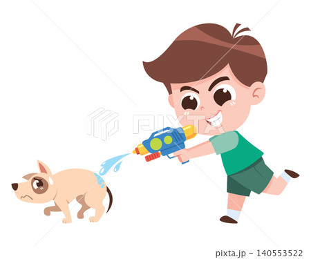 Child Spraying Water Gun at Dog Cartoon Illustration Bad Behavior Kids Animal Safety Concept 140553522