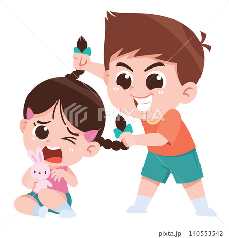 Child Pulling Girl Hair Bullying Cartoon Illustration Bad Behavior Kids Concept 140553542