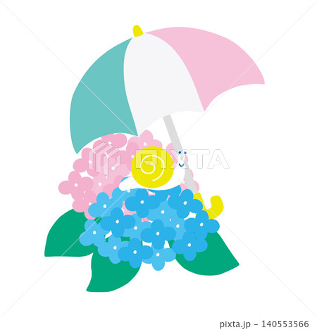 カラフルな傘で雨宿りするかたつむり　雨の日イラスト 140553566