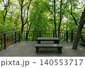Wooden terrace rest area with benches in forest park 140553717