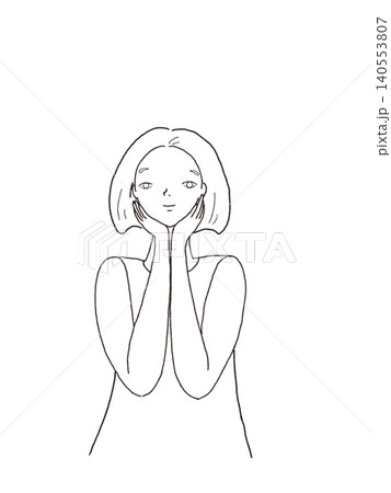 マスタード色の線画で描いた、両手で頬に触れるボブヘアの女性 マスタード色の線画で描いた、両手で頬に触れるボブヘアの女性 140553807