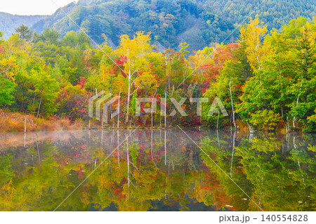 秋の早朝 紅葉美しい乗鞍高原・一ノ瀬園地まいめ池の水鏡リフレクションと朝もや無人風景 秋の早朝 紅葉美しい乗鞍高原・一ノ瀬園地まいめ池の水鏡リフレクションと朝もや無人風景 140554828