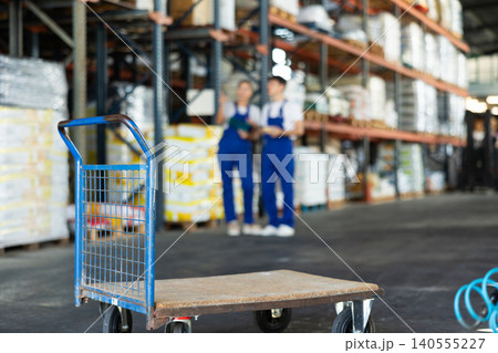 Large cargo trolley stands in premises of store-warehouse of construction and repair materials. Large cargo trolley stands in premises of store-warehouse of construction and repair materials. 140555227