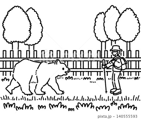 林の道で熊と遭遇した男性のモノクロイラスト 140555593