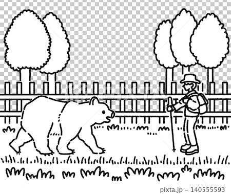 林の道で熊と遭遇した男性のモノクロイラスト 140555593