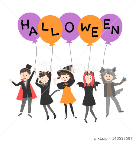 風船にぶら下がっているハロウィンの仮装をした子供たち 140555597