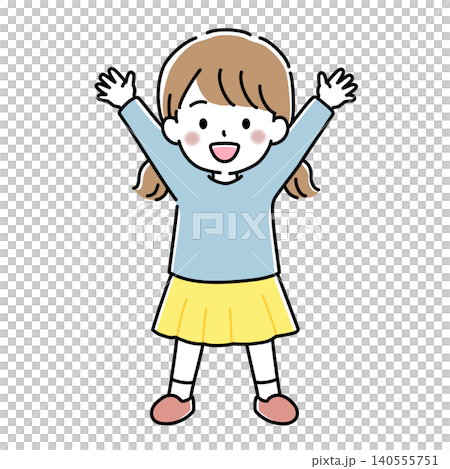 Vector illustration of a girl raising both hands in a victory pose. 140555751