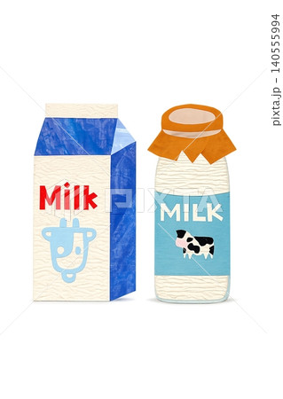 コラージュ手書き風 牛乳セット(牛乳パック、牛乳瓶) コラージュ手書き風 牛乳セット(牛乳パック、牛乳瓶) 140555994