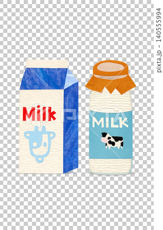 コラージュ手書き風 牛乳セット(牛乳パック、牛乳瓶) コラージュ手書き風 牛乳セット(牛乳パック、牛乳瓶) 140555994