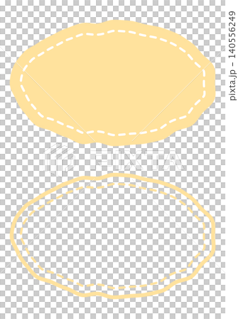 A set of handwritten-style yellow oval frames with stitching and label-style headings with line stitching. 140556249