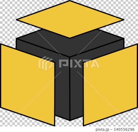 An abstract 3D illustration of a black cube with three floating gold panels detached from its top and front sides. An abstract 3D illustration of a black cube with three floating gold panels detached from its top and front sides. 140556296