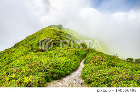 Lush green hiking trail along the ridge of Mount Pelee volcano under a cloudy sky in Martinique, Caribbean France Lush green hiking trail along the ridge of Mount Pelee volcano under a cloudy sky in Martinique, Caribbean France 140556498