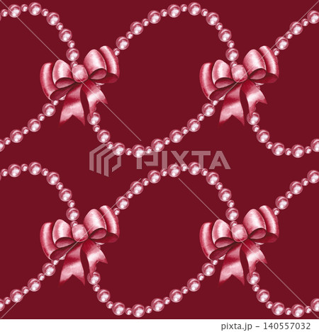 Seamless pattern with pink beads and bows. Hand-drawn watercolor illustration. Dark red background. For clothing and home decor textiles, curtains, tablecloths, wrapping paper, wallpaper, and more. 140557032