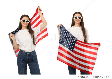 USA 250, Woman waves American flag. Celebration of freedom and national pride concept, on white USA 250, Woman waves American flag. Celebration of freedom and national pride concept, on white 140557047
