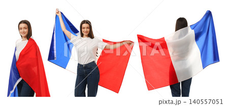 Young woman waves French flags, joyfully celebrating travel and cultural pride, on white Young woman waves French flags, joyfully celebrating travel and cultural pride, on white 140557051