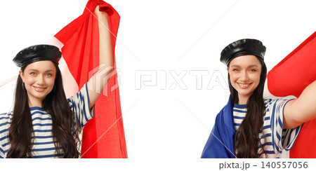 Woman cheers with colorful flags, expressing joy for travel and cultural celebration, on white Woman cheers with colorful flags, expressing joy for travel and cultural celebration, on white 140557056