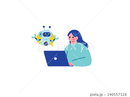 AIを使って仕事をする女性のイラスト AIを使って仕事をする女性のイラスト 140557128