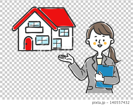 A woman in a suit explaining a house. (Vector) 140557432