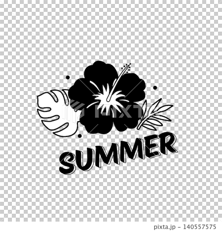 夏季標誌,單色插圖,木槿和龜背竹,夏季元素,標誌,圖標 夏季標誌,單色插圖,木槿和龜背竹,夏季元素,標誌,圖標 140557575