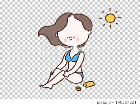 A woman in a bikini applies sunscreen to her body in the scorching sun (UV care/ultraviolet protection) A woman in a bikini applies sunscreen to her body in the scorching sun (UV care/ultraviolet protection) 140557621