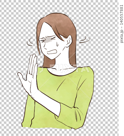 一幅手繪水彩風格的插圖，描繪了一位年輕女子麵露不悅地拒絕或婉拒某事。 140557881