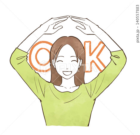 両腕でOKマークを作る若い女性　水彩風の手描きイラスト素材 140557883