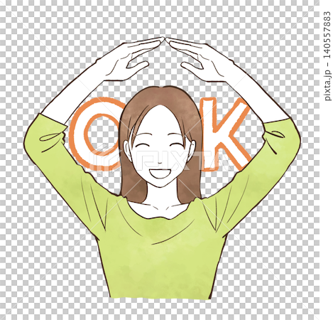 両腕でOKマークを作る若い女性　水彩風の手描きイラスト素材 140557883