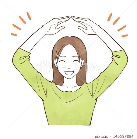 両腕で丸マークを作る若い女性 水彩風の手描きイラスト素材 両腕で丸マークを作る若い女性 水彩風の手描きイラスト素材 140557884