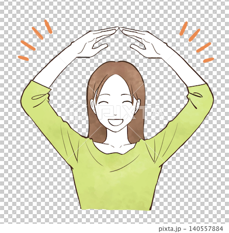 A young woman making a circle with both arms - watercolor-style hand-drawn illustration. A young woman making a circle with both arms - watercolor-style hand-drawn illustration. 140557884