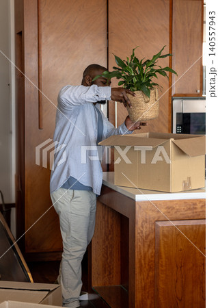 Mid adult African American man placing potted plant in basket into moving box at kitchen island 140557943