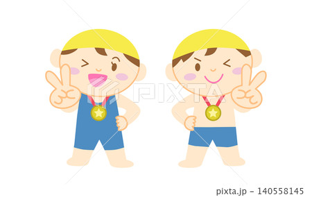メダルをかけて水着でピースする男の子と女の子のイラスト 主線なし メダルをかけて水着でピースする男の子と女の子のイラスト 主線なし 140558145