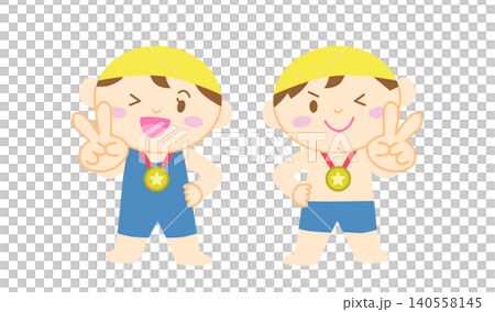 An illustration of a boy and a girl in swimsuits making peace signs with medals around their necks. (No outline) An illustration of a boy and a girl in swimsuits making peace signs with medals around their necks. (No outline) 140558145