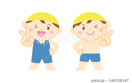水着でピースする男の子と女の子のイラスト 主線なし 水着でピースする男の子と女の子のイラスト 主線なし 140558147