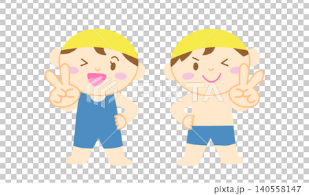 水着でピースする男の子と女の子のイラスト 主線なし 水着でピースする男の子と女の子のイラスト 主線なし 140558147