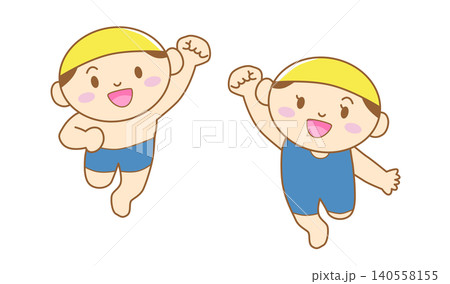 水着でガッツポーズをする男の子と女の子のイラスト 主線あり 140558155