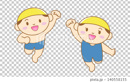 水着でガッツポーズをする男の子と女の子のイラスト 主線あり 140558155