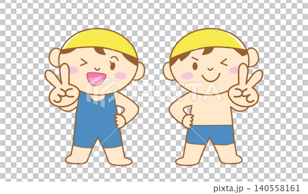 水着でピースする男の子と女の子のイラスト 主線あり 水着でピースする男の子と女の子のイラスト 主線あり 140558161