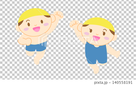 An illustration of a boy and a girl in swimsuits making a victory pose (no outline). An illustration of a boy and a girl in swimsuits making a victory pose (no outline). 140558191