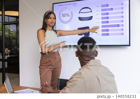 Diverse colleagues presenting charts on display, discussing data via laptop at boardroom table Diverse colleagues presenting charts on display, discussing data via laptop at boardroom table 140558231