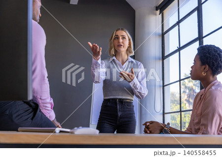 Diverse coworkers in business attire conducting meeting in office using flipchart Diverse coworkers in business attire conducting meeting in office using flipchart 140558455