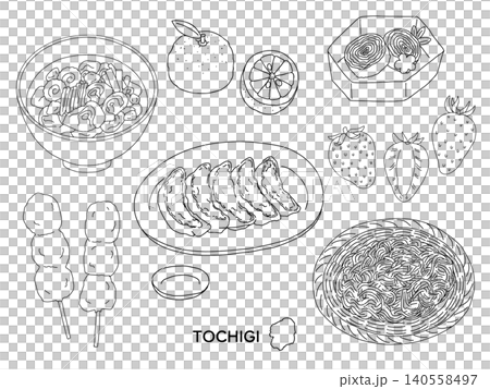 A set of monochrome illustrations of local gourmet food and specialty products from Tochigi Prefecture. 140558497