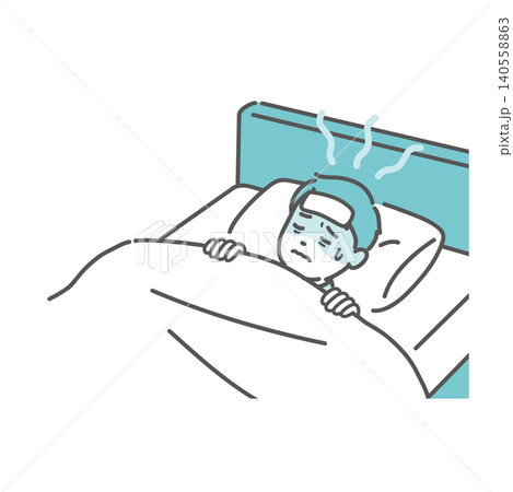 発熱してベッドで苦しむ男の子のイラスト 発熱してベッドで苦しむ男の子のイラスト 140558863