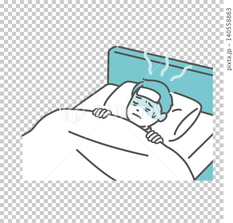 An illustration of a boy suffering in bed with a fever. 140558863