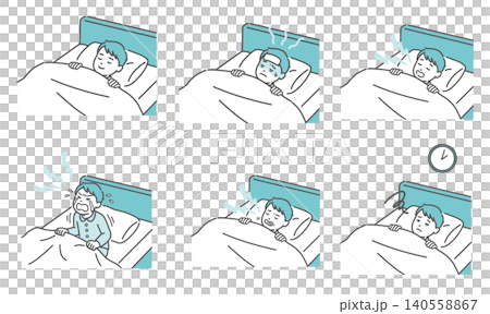 A set of illustrations depicting various states and problems a boy experiences while sleeping. A set of illustrations depicting various states and problems a boy experiences while sleeping. 140558867