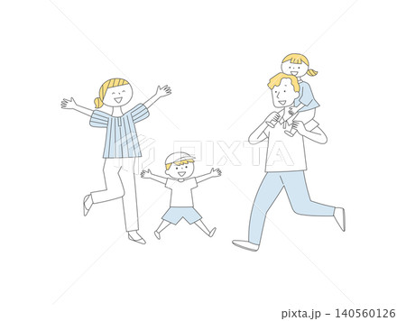 笑顔で喜ぶ親子ファミリーのイラスト単色 140560126