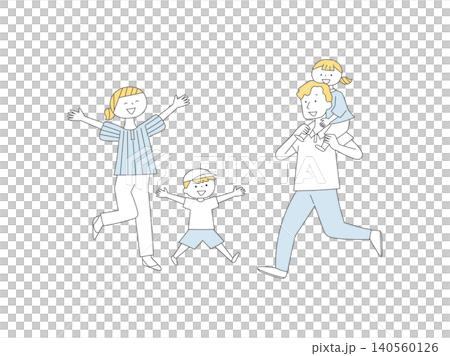 笑顔で喜ぶ親子ファミリーのイラスト単色 140560126