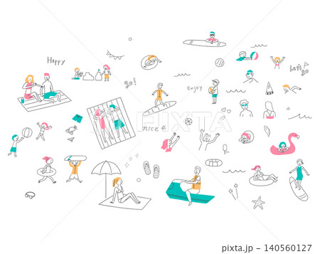 海水浴とマリンスポーツの手描き風イラストセット 140560127